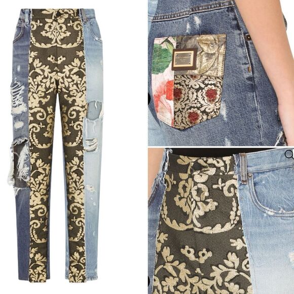 Dolce & Gabbana ~multi-distressed-brocade-relaxed-crop-jeans~missing brand patch - Picture 3 of 16